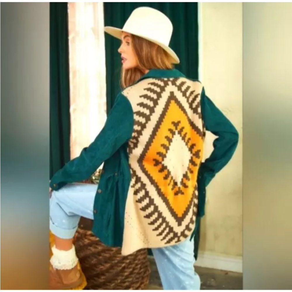 Davi & Dani Kendra Corduroy Shacket Jacquard Sweater Knit Back. Size Small. NWOT - Picture 11 of 11